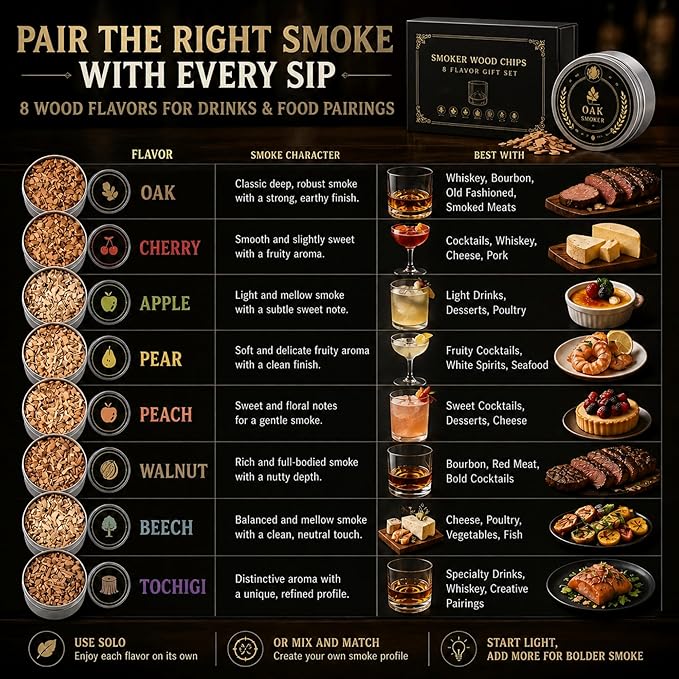 Cocktail & Whiskey Smoker Wood Chips, 8 Flavor Wood Chips Refill Set in Aluminum Tins for Cocktail Smoker Kit, Smoking Gun, Old Fashioned, Bourbon, Drinks, Cheese, Meat & Home Bar, Gift for Men
