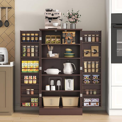 kepptory 47" Freestanding Kitchen Pantry Cabinet with Adjustable Shelves | Magnetic Doors & Anti-Tip Device, Storage Cupboard for Kitchen Laundry Living Room, Walnut