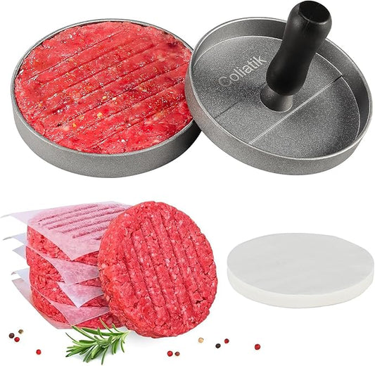 Burger Press Patty Maker Non-Stick Aluminum Hamburger Mold with 100 Free Patty Papers, for Beef Veggie Burger BBQ Barbecue Grill Dishwasher Safe, BPA Free