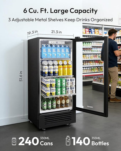 EUHOMY 6 Cu.Ft Commercial Refrigerators with Double-Tempered Glass Door, Beverage Refrigerator with Lock and Adjustable Shelves, Display Fridge with LED Light for Bar, Office, Restaurant, ETL Listed
