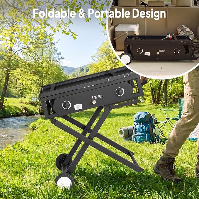 ROVSUN 2 Burner Outdoor Camping Stove with Side Table, Portable Propane Burner, Gas Cooker with Foldable Leg & CSA Regulator for Home Camp Paito Cooking Frying Canning