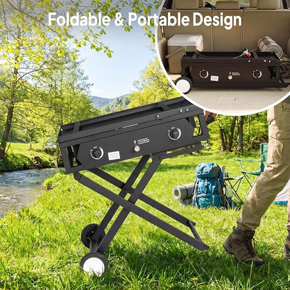 ROVSUN 2 Burner Outdoor Camping Stove with Side Table, Portable Propane Burner, Gas Cooker with Foldable Leg & CSA Regulator for Home Camp Paito Cooking Frying Canning