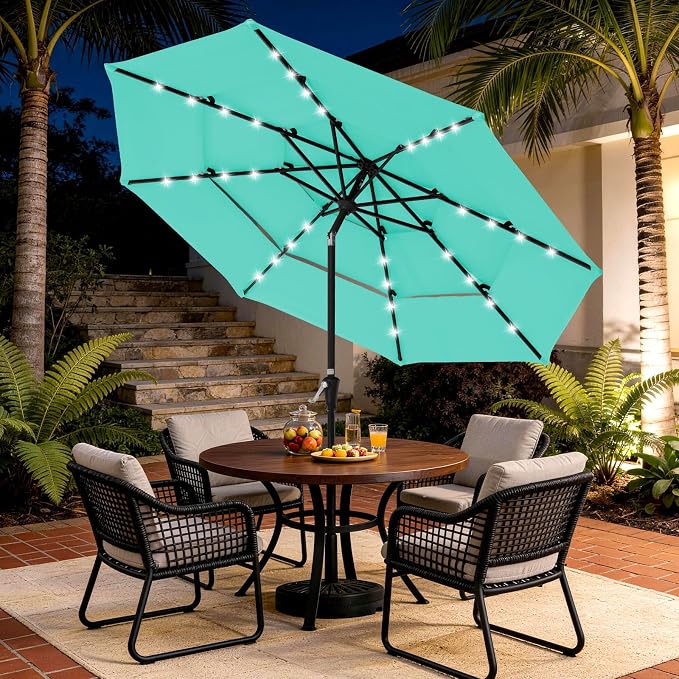 JEAREY 9 ft 3-Tier Outdoor LED Lighted Patio Umbrella w/Crank, Peacock Blue | Solar Market Table Umbrella with 8 Sturdy Ribs, UV Protection Waterproof Sunproof for Garden, Deck and Backyard