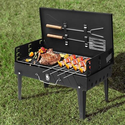 Outdoor Small BBQ Grill for 3 to 5 People,Portable Charcoal Grill,with Barbecue Accessories, Folding Camping Grill for Outdoor Cooking Travel Picnic Patio Beach Hiking Park, Height Adjustable