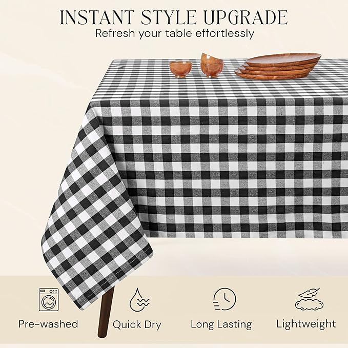 Gingham Buffalo Check 60"x102" Tablecloth 100% Cotton Washable Rustic Rectangle Table Cover Decorative for Gifts, Dining, BBQ, Buffet Parties & Camping - Black
