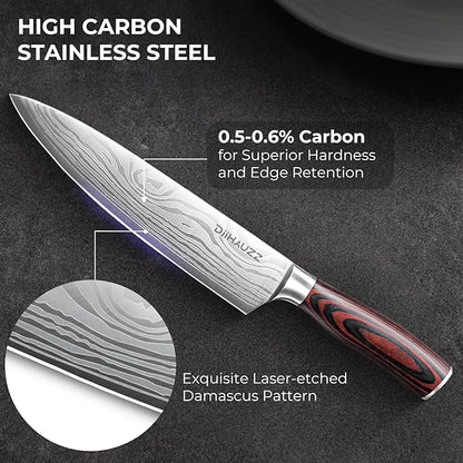 DiiHAUZZ 8 Inch Chef Knife, High Carbon Stainless Steel - Ultra Sharp Kitchen Gyutou Knife for Slicing Meat, Dicing Vegetables and Daily Meal Prep, Ergonomic Handle with Sheath, Fathers Day Gift