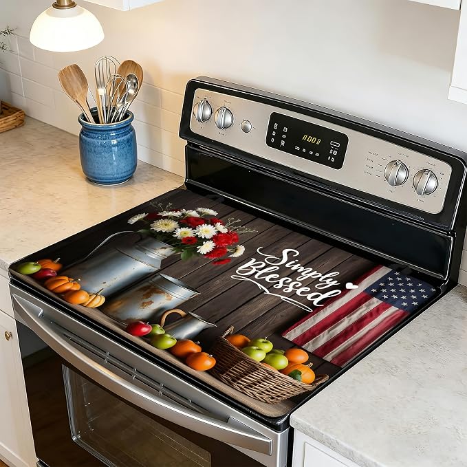 Electric Stove Top Cover,Farmhouse Flowers Stove Cover for Glass Top Electric Stove,American Flag Heat Resistant Flat Top Stove Mat Countertop Protector, 28 x 20 Inch