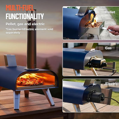 BIG HORN 12" Multi-Fuel Outdoor Pizza Oven Reach up to 1110℉– 3-in-1 Wood,Gas &Electric Compatible(Burners Sold Separately),Pellet Pizza Oven Portable Pizza Maker for Backyard, Camping&Tailgating,Blue