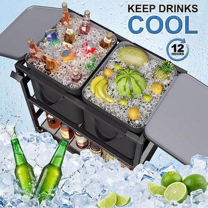 Patio Rolling Cooler Cart, Portable Bar Station for Backyard, Pool & BBQ | Two Detachable Insulated Bags, Four Casters with Two Locks, Side Bottle Opener, 12-Hour Insulation