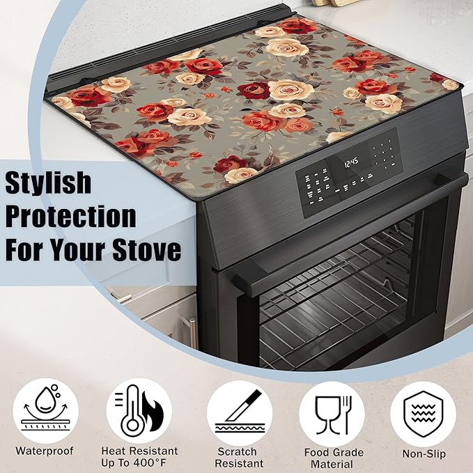Stove Top Covers for Electric Stove,Vintage Flowers Flat Top Stove Cover,Red Rose Floral Heat Resistant Glass Top Stove Cover Protector Anti-Slip Range Covers, 28 x 20 Inch