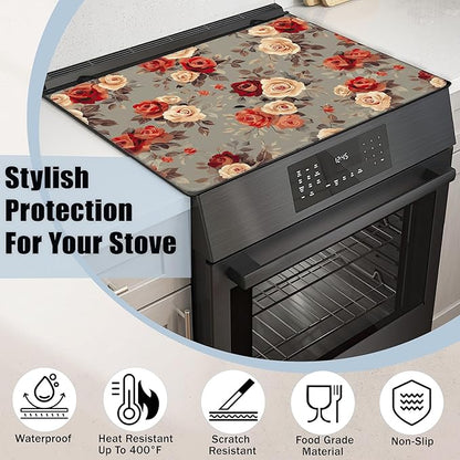 Stove Top Covers for Electric Stove,Vintage Flowers Flat Top Stove Cover,Red Rose Floral Heat Resistant Glass Top Stove Cover Protector Anti-Slip Range Covers, 28 x 20 Inch