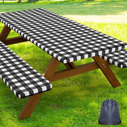 Smiry Picnic Table Cover with Bench Covers, Waterproof Elastic Fitted Tablecloths for 8 Foot Rectangle Tables, Washable Buffalo Plaid Tablecloth for Camping, Outdoor (Black & White, 30"x96")