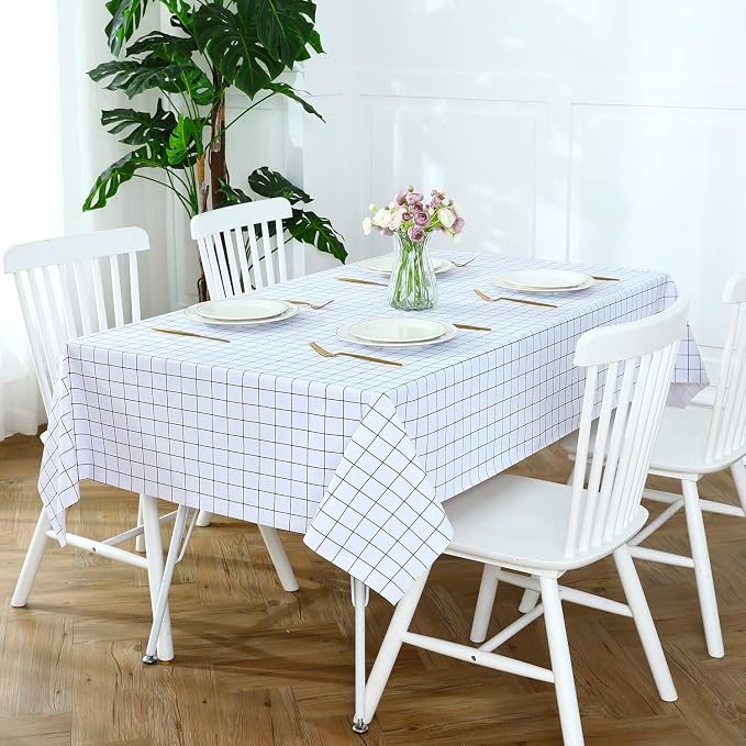 Romanstile Rectangle Vinyl Tablecloth, 100% Waterproof Oil-Proof Checkered Plastic Table Cloth, Heavy Duty Wipeable Table Covers for Dining, Camping, Picnic, Outdoor - 54 x 120 Inch, White