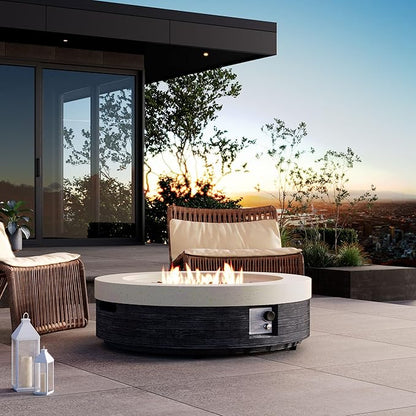 COSIEST 42" Outdoor Propane Fire Pit Table Round Gas Fire Pit Table with Concrete & Wood Grain Design, 50000BTU Electronic Ignition Fire Tables for Patio, Backyard, Garden Heating