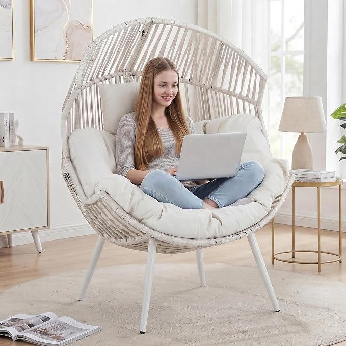 Shintenchi Egg Chair Outdoor with Cushion,Oversized Lounge Chairs,2 Pack | Patio Chair White,PE Rattan,Egg Seat for Indoor Outdoor Living Room Bedroom Outside Patio Backyard Balcony