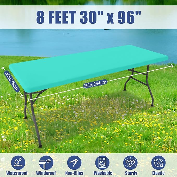 Moosfor Spandex 8 Foot Rectangle Table Cloth, Elastic Fitted Tablecloths for Picnic, Stretch Washable Patio Table Cover for Outdoor, Camping, Banquet and Parties (Aqua Blue, 30"x96")