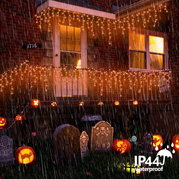 QITONG Orange Lights for Halloween, 99ft 1200 LED Icicle Lights for Outside Plug in, Clear Wire String Light Indoor with 8 Modes for Thanksgiving Fall Décor