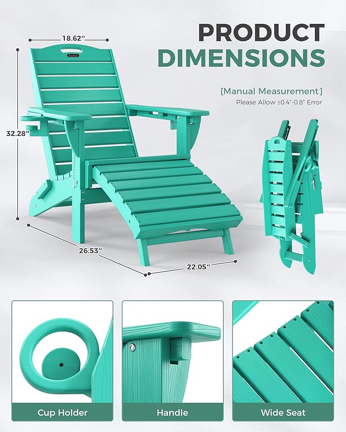 Adjustable Adirondack Chairs Set of 4 with Retractable Ottoman, HDPE Folding Adirondack Chair with Cup Holders, Weather Resistant for Backyard, Poolside & Fire Pit (Lake Blue)