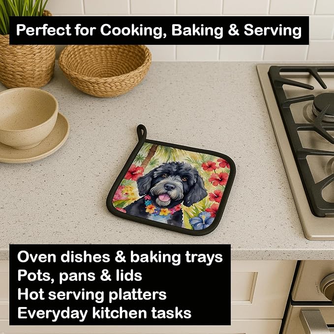 Caroline's Treasures Portuguese Water Dog Luau Pair of Pot Holders Kitchen Heat Resistant Pot Holders Sets Oven Hot Pads for Cooking Baking BBQ, 7 1/2 x 7 1/2