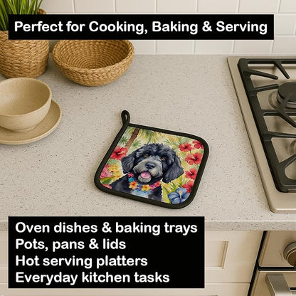 Caroline's Treasures Portuguese Water Dog Luau Pair of Pot Holders Kitchen Heat Resistant Pot Holders Sets Oven Hot Pads for Cooking Baking BBQ, 7 1/2 x 7 1/2