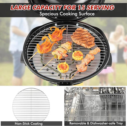 ORALNER Electric BBQ Grill with Stand, Warming Rack & Drip Tray, 15-Serving Electric Griddle Indoor & Outdoor Cooking Grilling Portable Patio Grill, for Balcony, Garden, Apartment, 1600W (Black)