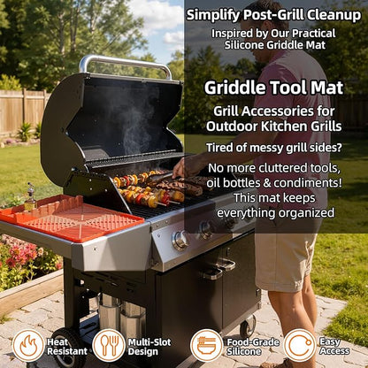 Silicone Grill Mat Compatible with Blackstone Griddle Accessories, Extra-Thick Griddle Tools & Spatula Mat with Drip Pad for Side Shelf, Outdoor BBQ Utensil Holder, Gifts for Men (Orange)