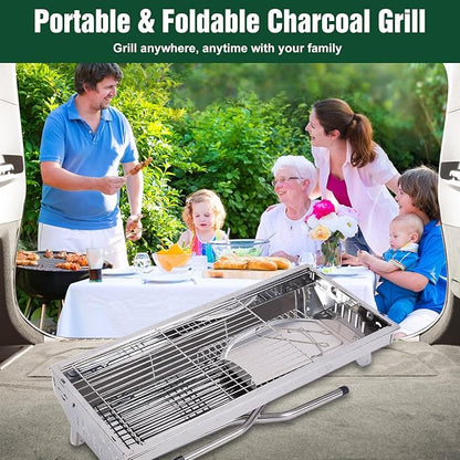 Portable Charcoal Grill, Folding Barbecue Grill with Storage Shelf, 39" x 13.39"x 27.56" Stainless Steel BBQ Smoker Barbecue Tool Kits for Outdoor Cooking Camping Hiking Picnics Backpacking (Large)
