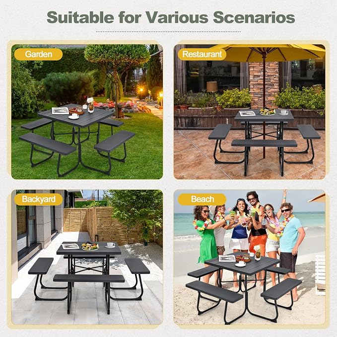 Tangkula 8 Person Picnic Table, Outdoor Square Picnic Table with 4 Built-in Benches, Umbrella Hole, Metal Frame & HDPE Tabletop, Outside Table and Bench Set for Backyard, 2300lbs Weight Capacity