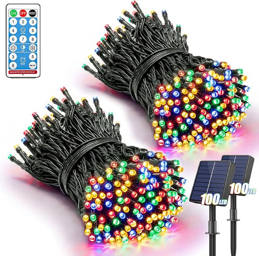 2 Pack 100LED Solar Christmas String Lights Outdoor Waterproof | Total 66FT Twinkle Lights with 8 Lighting Modes Remote for Outside Christmas Trees Decorations, Multicolor