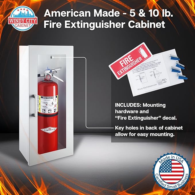 Fire Extinguisher Mount for Wall & Surface - 22 Gauge Steel, USA Made - Fire Extinguisher Cabinet Storage w/Metal Handle - Indoor & Outdoor Use - 24.5H x 9.25W x 6.5D - White