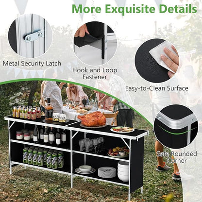 GIANTEX 81" Extra Long Portable Bar Table with 2-Tier Storage Shelves, Folding Mobile Bartending Station with Removable Skirt, Carry Case, for Events, Parties, Trade Shows (Black, 81''L x 32.5''H)