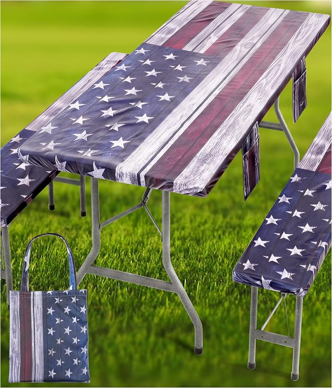 Fitted Picnic Table Cover with Bench Covers Waterproof Elastic Edges Rectangle Patio Tablecloth Outdoor Camping Essentials Stuff Rv Accessories Summer Trip Travel Supplies Party Camper Gifts, 8 ft