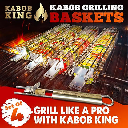 ORIGINAL XL Kabob Grilling Basket Set of 4 with Detachable Handle. UPGRADED DESIGN - New & Improved Stainless Steel Construction with Larger Capacity (12 x 2 x 2) for Outdoor Grilling by Kabob King (With Apron/Storage)