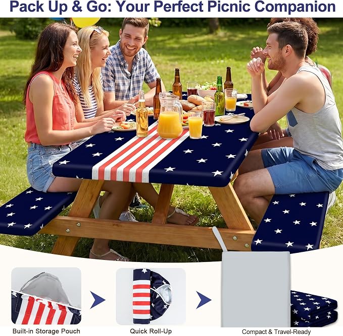Picnic Table Cover with Bench Covers Windproof Waterproof Picnic Table Covers Camping Tablecloth with Self-Storage Bag, 72in, Navy Blue Runner