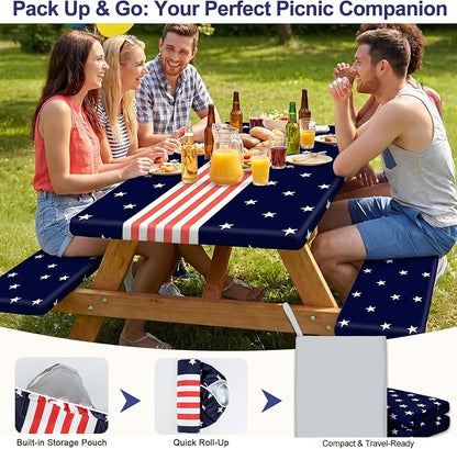 Picnic Table Cover with Bench Covers Windproof Waterproof Picnic Table Covers Camping Tablecloth with Self-Storage Bag, 72in, Navy Blue Runner