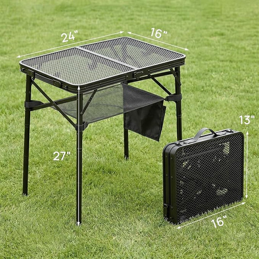 Folding Grill Table, 24"x16" Portable Camping Table with Storage Pocket, Heat Resistant & Waterproof Outdoor Picnic Table, Sturdy Lightweight for Travel Cooking BBQ, Camping, Backyard