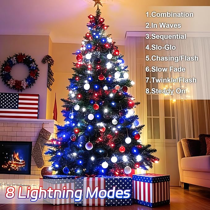 Red White and Blue Lights String for 4th of July Decorations Outdoor Total 100LED 33Ft Battery Operated with Timer 8 Modes Waterproof 50LED*2 for Memorial Day Decorations Patriotic Decor 2-Pack