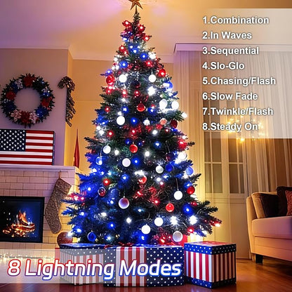 Red White and Blue Lights String for 4th of July Decorations Outdoor Total 100LED 33Ft Battery Operated with Timer 8 Modes Waterproof 50LED*2 for Memorial Day Decorations Patriotic Decor 2-Pack