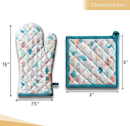 Maison d' Hermine 100% Cotton Oven Mitt & Pot Holder Set (7.5"x13" & 8"x8") Heat Resistant BBQ Cooking Gloves with Loop Baking Grilling Kitchen Hotel Home Farmhouse Spring Summer (Summer Picnic)