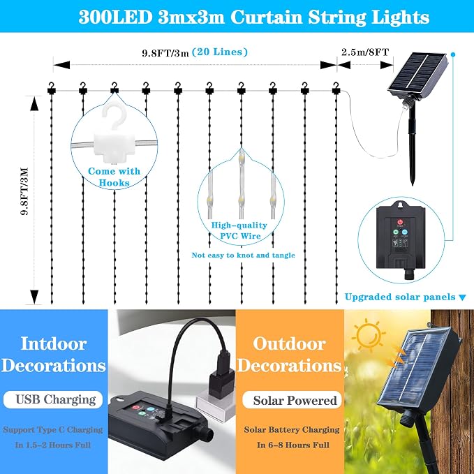 Solar Curtain Lights Outdoor Waterproof, 300LED 9.8x9.8FT Fairy String Lights with USB-C & Solar Charging, Remote Timer Twinkle Waterfall Lights for Patio Garden Wedding Decor (Cool White)