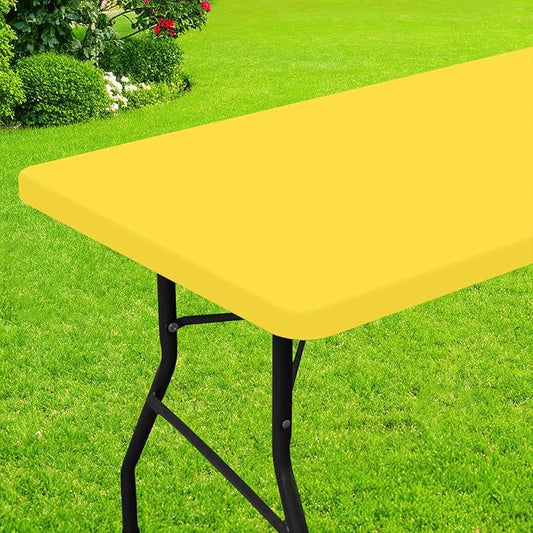 Smiry Rectangle Picnic Table Cloth, Waterproof Elastic Fitted Tablecloths for 6 Foot Tables, Washable Polyester Table Cover for Camping, Indoor and Outdoor (Yellow, 30"x72")