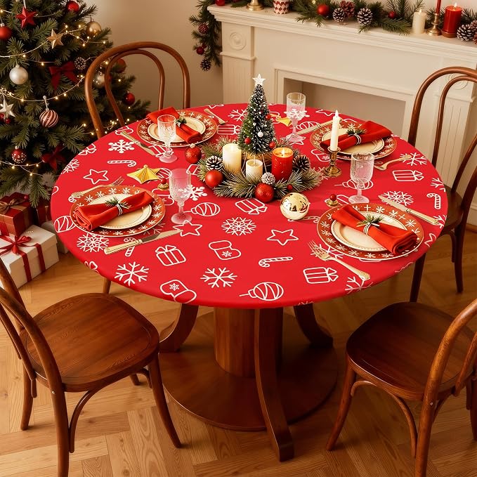 Smiry Round Spandex Tablecloth, Elastic Fitted Washable Tablecloths for 57"-68" Tables, Waterpoof Stretch Picnic Table Cover for Dining, Indoor and Outdoor, Snowflake