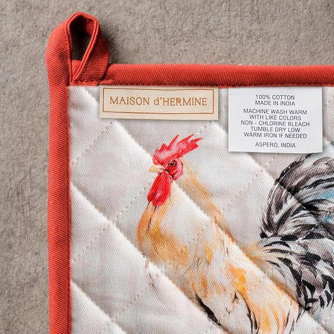 Maison d' Hermine 100% Cotton Oven Mitt & Pot Holder Set (7.5"x13" & 8"x8") Heat Resistant BBQ Cooking Gloves with Loop Baking Grilling Kitchen Hotel Home Farmhouse Spring Summer (Campagne)