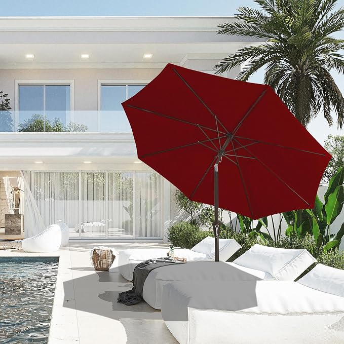 JEAREY 9FT Outdoor Patio Umbrella, Market Umbrella, Burgundy | Outdoor Table Umbrellas with 8 Sturdy， Tilt & Crank UV Protection Waterproof for Garden, Deck, Backyard, Pool