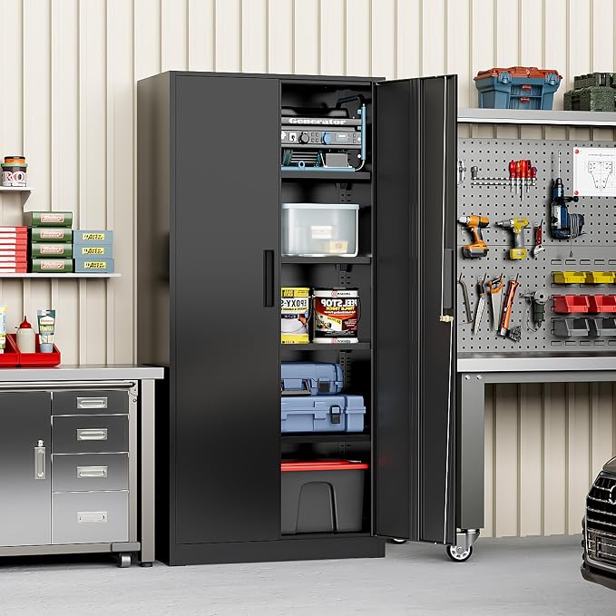 Greenvelly Metal Cabinet, 72" Black Locking Metal Storage Cabinet with 2 Doors and 4 Adjustable Shelves, Lockable Garage Storage Cabinets for Home Office, Garage, Kitchen, Living Room