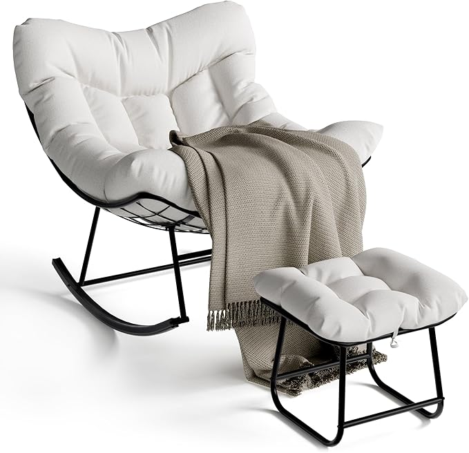 GarveeLife Outdoor Oversized Papasan Rocking Chair with Footrest, Patio Lounge Chair with Ottoman and Sturdy Metal Frame, Patio Egg Rocker for Balcony Backyard Porch Bedroom, White