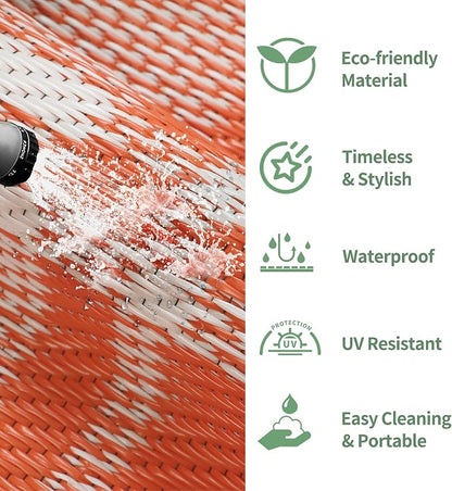 GENIMO Outdoor Rug, Waterproof Plastic Rugs for Patio, 6'x9' Orange Plaid | Outside Larger Modern Carpet Mat for Porch Decor, Deck, Balcony, Camping, RV, Backyard, Picnic, Beach, Reversible, Foldable