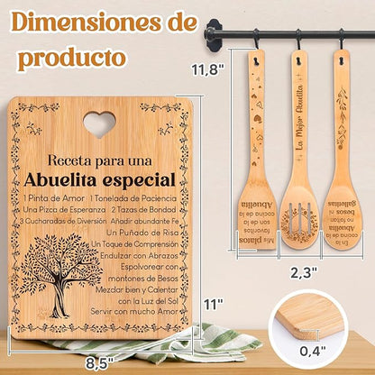 Regalos de cumpleaños para Abuelita - "Receta para una Abuelita especial". Juego de tablas de cortar y utensilios de bambú grabados. Regalos de cumpleaños para Abuelita. Spanish Grandma Cutting Board