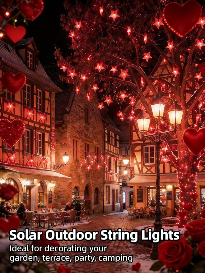 Solar Twinkle Star String Lights Outdoor Indoor Waterproof 39FT 100 LED Solar Powered Fairy Lights with 8 Lighting Modes Christmas Decor for Camping Tree Party Yard Wedding Garden (Red)