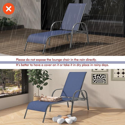 Tangkula Outdoor Lounge Chair, Patio Chaise Lounge with Adjustable Backrest, Reclining Pool Lounge Chair for Outside with Heavy Duty Steel Frame for Beach, Yard, Balcony, Poolside (Navy)